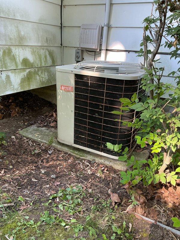 Completed annual cooling maintenance on Bryant air conditioning system. Performed comprehensive inspection of outdoor condensing unit, documented equipment condition with photos, and noted vegetation growth requiring clearance around unit for optimal airflow and accessibility. Recommended furnace filter replacement as part of routine maintenance protocol.