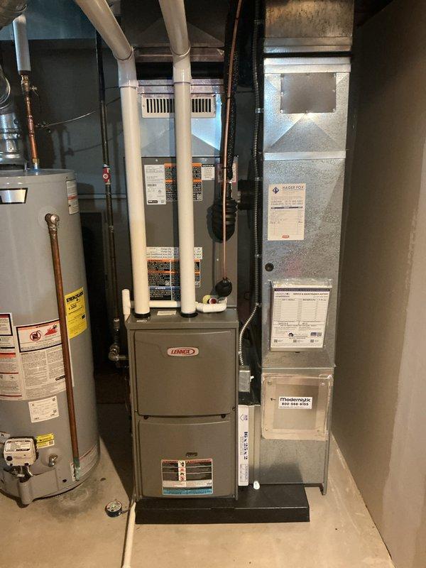 Completed annual heating check on Lennox furnace system. Performed comprehensive inspection of all internal components including burner assembly, gas valve, ignition system, blower motor, and electrical controls. Verified proper operation of draft inducer motor and pressure switches. Inspected heat exchanger for cracks or deterioration. Checked all electrical connections and wiring harnesses for secure termination. Confirmed proper venting through PVC exhaust system. Documented equipment condition through photographs. Unit operating within manufacturer specifications at time of service.