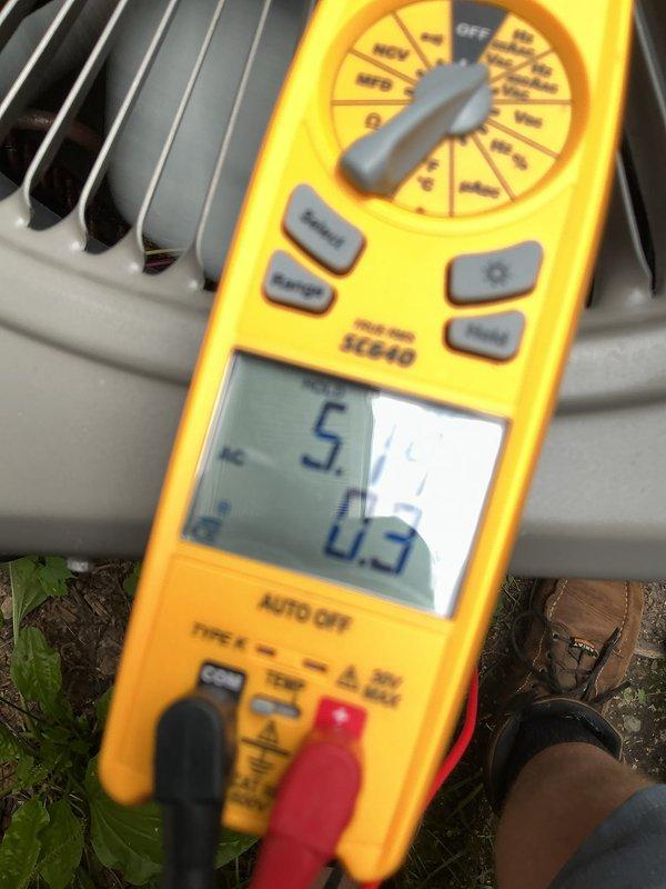 Completed routine air conditioning maintenance on residential split system. Performed electrical diagnostics using multimeter to verify proper amperage draw and voltage readings at condenser unit. All measurements within manufacturer specifications, system operating normally with no issues identified.
