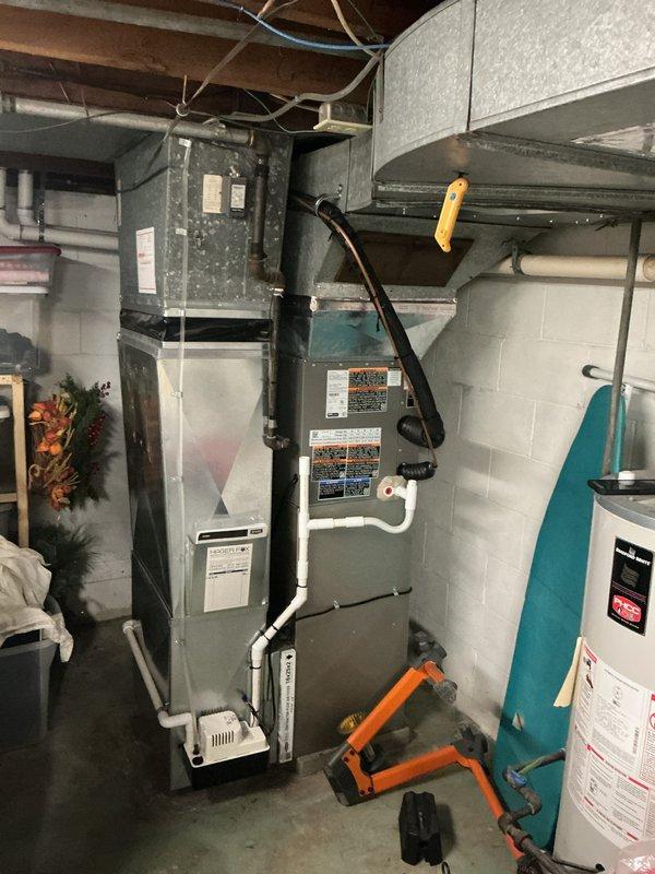 Completed annual maintenance on residential air conditioning system. Inspected HVAC unit, ductwork, and condensate drainage system in basement mechanical room. Replaced two dirty pleated air filters with accumulated dust and debris. Verified proper operation of furnace/air handler unit and associated components. All equipment functioning within normal parameters at time of service completion.