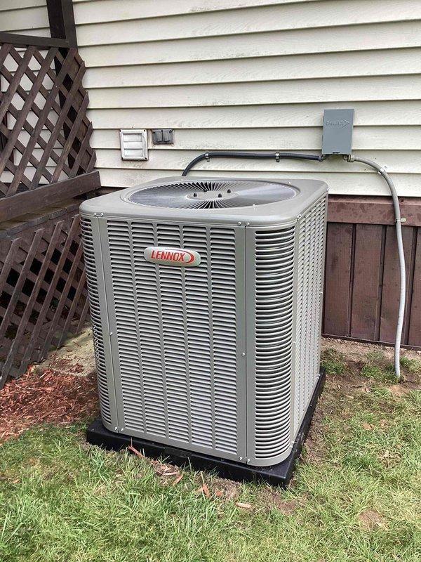 Completed full HVAC system installation including a 77,000 BTU furnace, 3-ton Lennox air conditioning unit with matching evaporator coil. The outdoor condensing unit was positioned on a pad in the rear yard with proper electrical disconnect and conduit installation, while condensate drainage lines were routed through the foundation. All mechanical connections were completed and the system was reconnected to existing infrastructure per permit specifications.