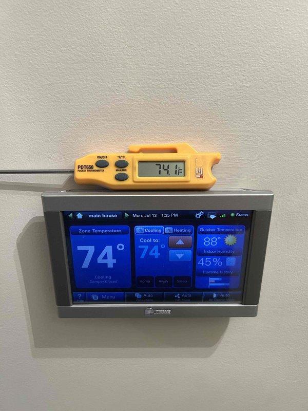 Responded to no cooling complaint where homeowner reported excessive cooling and continuous system operation. Upon arrival, verified thermostat operation using calibrated digital thermometer, confirming accurate temperature reading of 74°F matching setpoint. Inspected modern touchscreen thermostat showing proper communication with system, displaying correct zone temperature, outdoor conditions, and humidity levels. Examined multi-zone control relay panels and associated wiring connections in mechanical room, finding all components functioning as designed. Determined unit was operating normally per thermostat demand with no equipment malfunction present. Educated homeowner on proper thermostat operation and advised against closing registers as this restricts airflow and can cause system issues. Recommended keeping all supply registers open for proper system balance and air distribution throughout home.