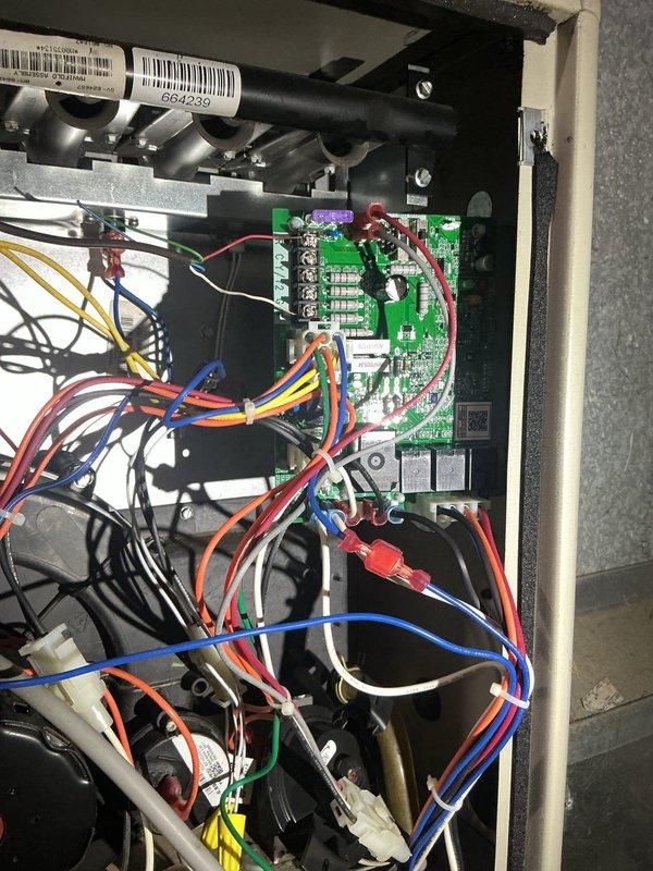 Returned to complete system repair by replacing the defective circuit board and wire harness on the HVAC unit. Additionally replaced the blower motor to restore proper system operation. All electrical connections were secured, components were tested for proper function, and the system was returned to normal operating condition.