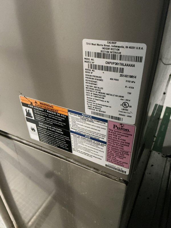 Completed routine annual cooling maintenance on an 11-year-old Goodman central air conditioning system, model CNPVP3617ALAAAAA, utilizing R-410A refrigerant. Performed comprehensive tune-up including inspection of all major components, verified proper system operation, and confirmed adequate airflow through a clean 16x25x2 pleated air filter. System found operating within normal parameters with no deficiencies noted at time of service.