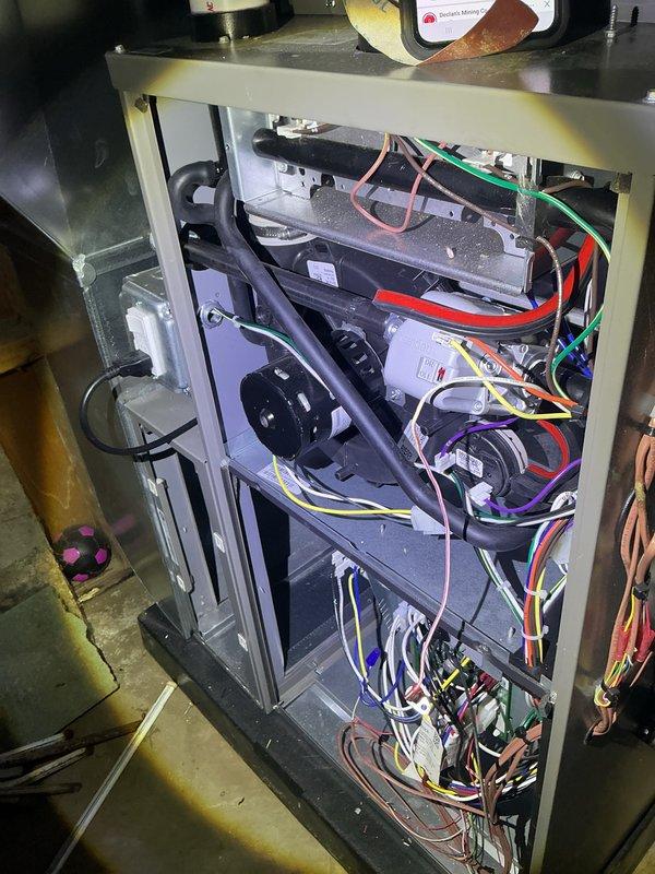 Completed comprehensive Air Care Heating and Cooling maintenance service on HVAC system. Replaced furnace filter and humidifier pad as part of scheduled recurring maintenance. Performed full system inspection with internal components accessed and verified proper operation of blower motor assembly, control boards, and electrical connections throughout the unit.
