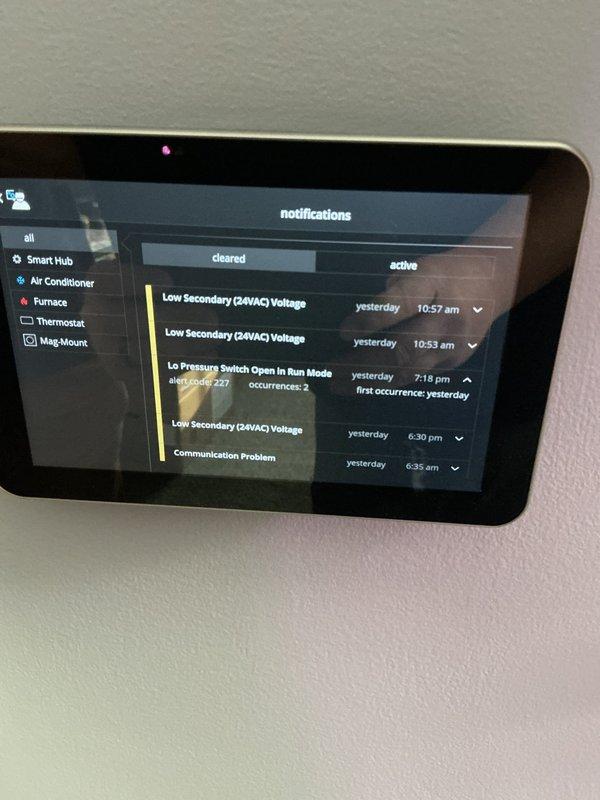 Responded to no cooling complaint on six-year-old air conditioning system displaying critical alert code 413. Upon arrival, reviewed smart home HVAC monitoring system which showed multiple system faults including low secondary 24VAC voltage, ice pressure switch open in run mode, communication problems, and watchguard flame failure alerts. Diagnosed electrical supply issue causing inadequate voltage to control circuit, resulting in system shutdown and safety lockouts. Inspected control board, wiring connections, and transformer. Identified faulty transformer providing insufficient secondary voltage to operate system controls properly. Replaced defective 24VAC transformer, restored proper voltage levels to control circuit, and cleared all fault codes from system memory. Verified proper system operation through complete cooling cycle, confirmed adequate airflow, and tested all safety switches for proper function. System restored to normal cooling operation with all alerts cleared.