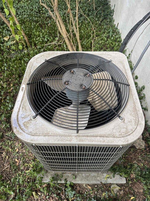 Performed maintenance on 15-year-old Bryant furnace and outdoor condenser unit. Addressed customer concern of no cooling, only fan operation. Removed stuck air filter and installed replacement filter. Inspected condensation pump which was found dry upon arrival. Completed full system maintenance including condenser coil cleaning and operational testing of both heating and cooling components.