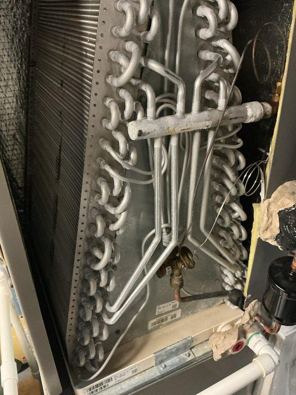 Completed annual maintenance on residential HVAC system, including inspection of evaporator coil, heat exchanger assembly, and refrigerant lines. Replaced air filter, verified proper operation of all components, and documented system condition with photos showing serpentine coil configuration and overall unit functionality in good working order.