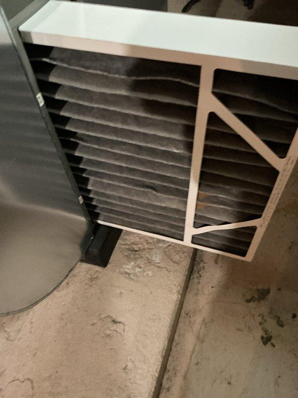 Completed scheduled Air Care Maintenance on HVAC system. Inspected air handling unit and filter assembly, documented condition of pleated air filters showing dust and debris accumulation, and verified proper operation of blower housing and ductwork connections. System components including condensate drain piping were examined and found to be functioning within normal parameters.
