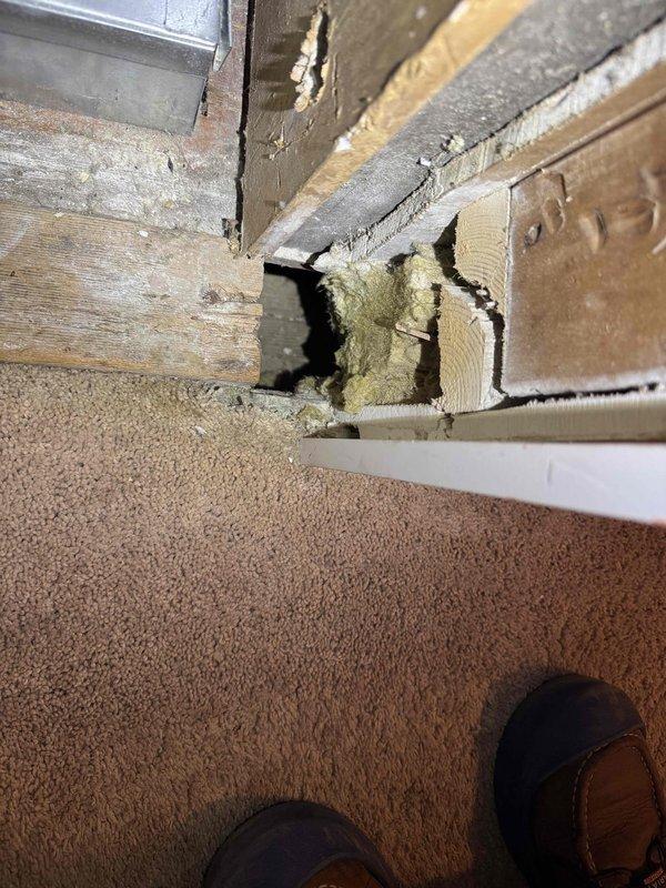 Responded to service call for reported hole in bottom of furnace unit located in basement. Upon arrival, performed visual inspection of 2-year-old furnace system and surrounding area. Investigation revealed significant structural deterioration in wooden framing members adjacent to HVAC equipment, with evidence of moisture damage, wood decay, and greenish-gray discoloration consistent with mold growth. Documented extensive damage to wall framing where structural members meet, showing gaps, cracks, and compromised wood integrity. Photographed flexible ductwork connections and cabinet installation to document current system configuration and proximity to damaged structural elements. Advised customer that observed deterioration poses potential risk to HVAC system integrity and recommended immediate consultation with qualified contractor to address structural damage and moisture intrusion source before proceeding with furnace repairs. Work performed under applicable parts and labor warranty