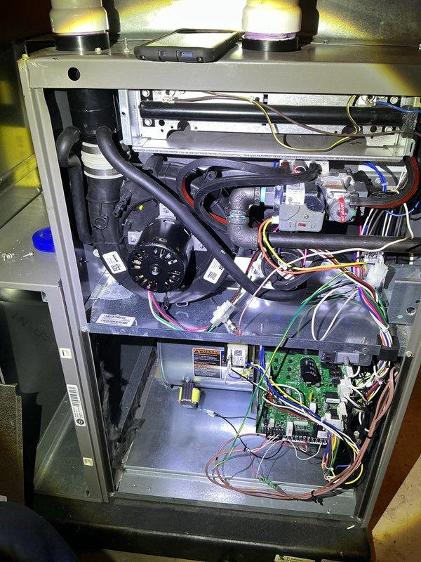 Completed annual HVAC maintenance inspection on residential furnace system. Performed comprehensive system check including inspection of gas valve assembly, blower motor, electrical connections, control boards, and all internal components. Replaced air filter and humidifier pad as part of routine maintenance protocol to ensure optimal system performance and efficiency.