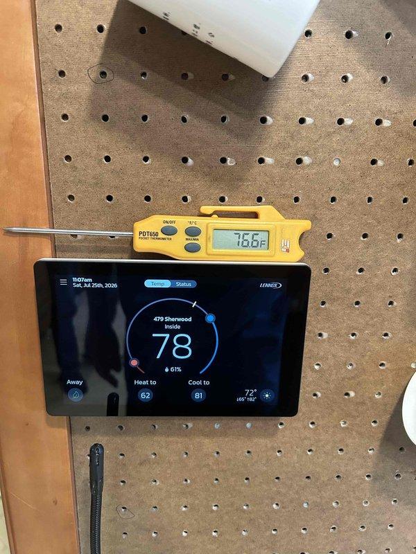 Responded to callback for inaccurate temperature readings on recently installed thermostat. Verified thermostat operation and compared displayed temperature against calibrated digital thermometer, finding a 1.4°F to 2°F variance between actual room temperature and thermostat reading. Documented thermostat displaying 78°F while probe thermometer measured 76.6°F, confirming customer complaint of temperature discrepancy affecting system comfort and cycling.