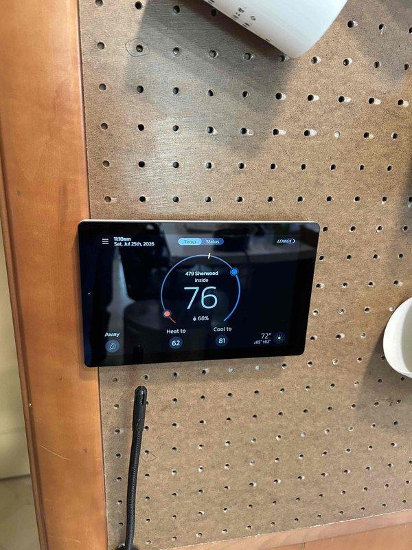 Responded to callback for inaccurate temperature readings on recently installed thermostat. Verified thermostat operation and compared displayed temperature against calibrated digital thermometer, finding a 1.4°F to 2°F variance between actual room temperature and thermostat reading. Documented thermostat displaying 78°F while probe thermometer measured 76.6°F, confirming customer complaint of temperature discrepancy affecting system comfort and cycling.