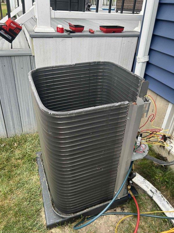 Returned to site to replace defective condenser coil on Lennox HVAC system. Removed existing coil and installed new Lennox replacement coil (model 33W96, serial number AE03013228). Connected refrigerant lines, performed leak test, evacuated system, and recharged with proper refrigerant amount per manufacturer specifications. Verified proper operation of outdoor condensing unit and confirmed system cooling performance before completing service on a cash-on-delivery basis under purchase order 1351330-001.