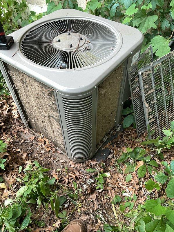 Responded to service call for thermostat error code on basement HVAC system. Upon arrival, performed diagnostic inspection of outdoor condenser unit and found equipment heavily obstructed by overgrown vegetation including vines, shrubs, and ground cover plants restricting airflow to unit. Cleared vegetation from around condenser to restore proper clearance for adequate air circulation and prevent potential overheating or efficiency issues. Inspected condenser coils, fan operation, and electrical connections—all components functioning within normal parameters. Cleared error code from thermostat after verifying system operation. Advised homeowner on importance of maintaining minimum 24-inch clearance around outdoor unit and recommended regular vegetation management to prevent future airflow restrictions and maintain optimal system performance.