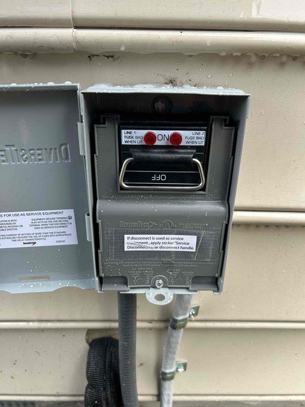 Responded to callback for 2-year-old AC unit with outdoor fan not operating and inadequate cooling. Upon inspection, discovered blown fuses in exterior disconnect box, as indicated by illuminated fault indicators. Replaced defective reversing valve solenoid, which had failed and contributed to system malfunction. Installed new fuses, tested disconnect switch operation, and verified proper electrical connections. Cycled system through complete operational test, confirmed outdoor fan motor engagement, verified adequate airflow, and validated proper cooling performance across all system functions.