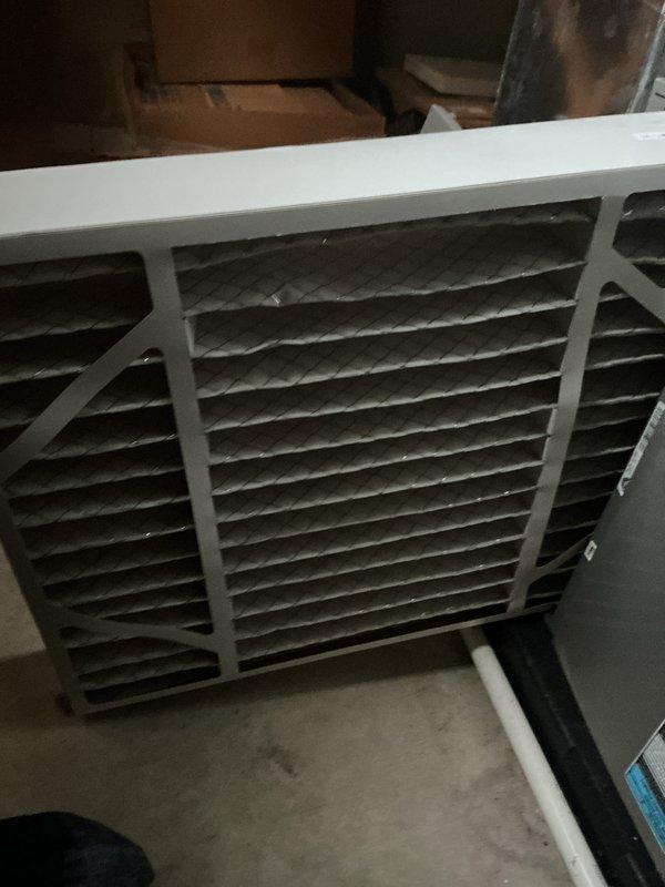 Completed annual HVAC maintenance on air handler unit, including inspection of blower assembly and cabinet condition noting rust staining on upper housing. Replaced dirty pleated air filter with accumulated debris to restore proper airflow and system efficiency.