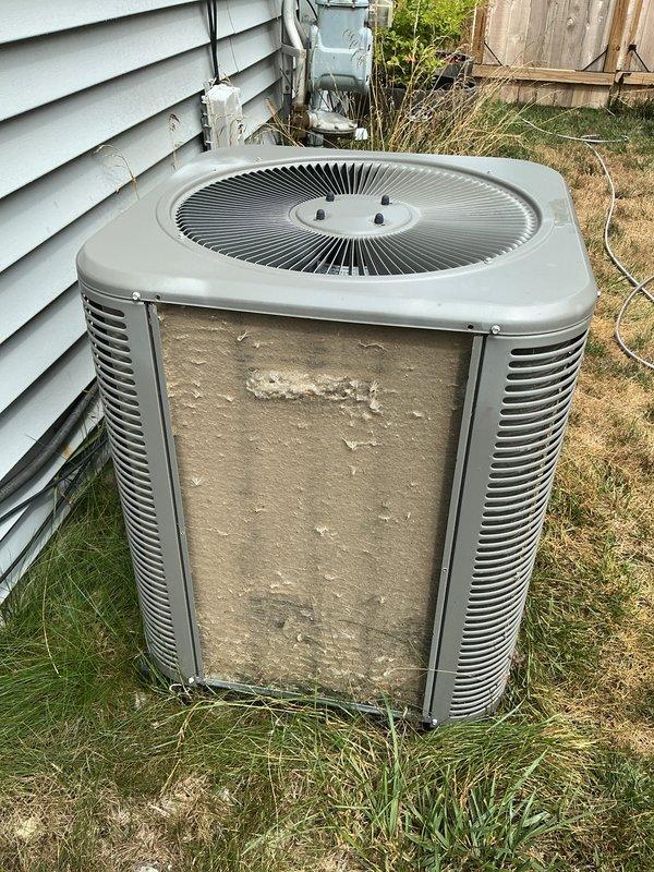 Completed annual cooling maintenance on residential air conditioning system. Performed comprehensive inspection and testing of condenser unit, including electrical measurements with digital multimeter to verify proper voltage and amperage. Noted significant accumulation of dirt, dust, and debris on condenser coils and exterior surfaces requiring cleaning attention to maintain optimal system efficiency and airflow.