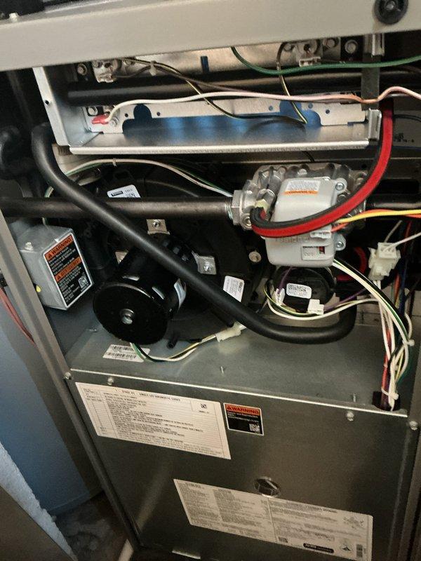 # HVAC System Maintenance Completed

Performed comprehensive ComfortGuard maintenance inspection on residential HVAC unit. Accessed internal components by removing service panels to conduct thorough system evaluation. 

Inspected blower motor assembly, air handling components, and curved black ducting for proper operation and wear. Verified all electrical connections including red, white, green, and yellow wire harnesses were secure and properly terminated. Examined gray metal mounting plates and component supports for stability.

Replaced air filter and evaporator pad as specified for this maintenance interval. Checked manufacturer specification labels and safety warnings for compliance and legibility.

Evaluated blower motor housing, fan assembly, and associated mechanical components for normal wear patterns. Inspected blue metallic air handling components and white motor assembly with attached red tubing for proper function. Verified all warning labels remained visible and intact th
