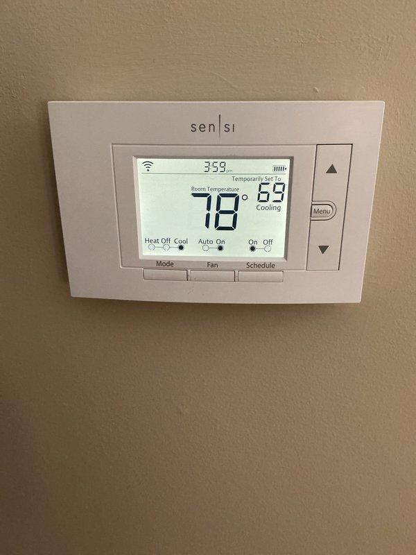 Completed annual cooling maintenance service on residential HVAC system. Replaced air filter with new pleated media filter to ensure proper airflow and system efficiency. Verified thermostat operation and confirmed cooling system responding appropriately to temperature setpoint adjustments.