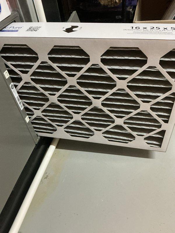 Completed scheduled air conditioning maintenance service responding to urgency list request with adjusted morning time window. Replaced 16x25x5 pleated media air filter and verified proper operation of digital Sensi thermostat displaying 75°F and humidifier control unit with seasonal adjustment settings.