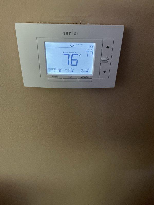 Performed annual cooling maintenance on residential HVAC system. Inspected Bryant furnace and confirmed proper operation of cooling components. Verified thermostat functionality showing system maintaining 76°F with accurate humidity readings at 62%. Completed routine maintenance checklist including filter inspection, electrical connections check, and condensate drain verification.