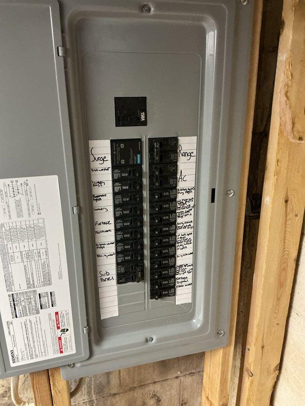 Completed installation of 150-amp electrical service panel upgrade. Coordinated utility disconnect and reconnect with power company for safe panel replacement. Installed new circuit breaker panel with proper circuit identification labeling for all branch circuits including dryer, range, and air conditioning loads. All work performed to code specifications and passed municipal electrical inspection upon completion.