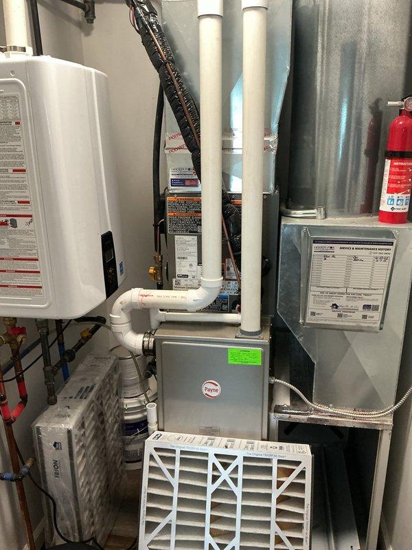 Completed scheduled air conditioning maintenance on Payne HVAC system. Inspected all mechanical components, replaced pleated air filter with Trion Air Bear filter, verified proper operation of unit and associated ductwork, and confirmed all safety systems functioning correctly.