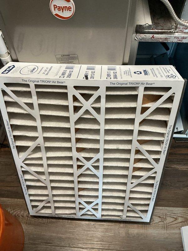 Completed scheduled air conditioning maintenance on Payne HVAC system. Inspected all mechanical components, replaced pleated air filter with Trion Air Bear filter, verified proper operation of unit and associated ductwork, and confirmed all safety systems functioning correctly.