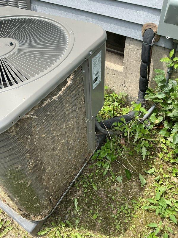Completed annual cooling maintenance on residential air conditioning system. Inspected outdoor condenser unit, which showed heavy dirt and debris accumulation on exterior coils and fins, as well as vegetation growth encroaching around the base of the equipment. Cleaned condenser coils, cleared vegetation from around unit perimeter, and replaced air filter as needed to restore proper airflow and system efficiency.