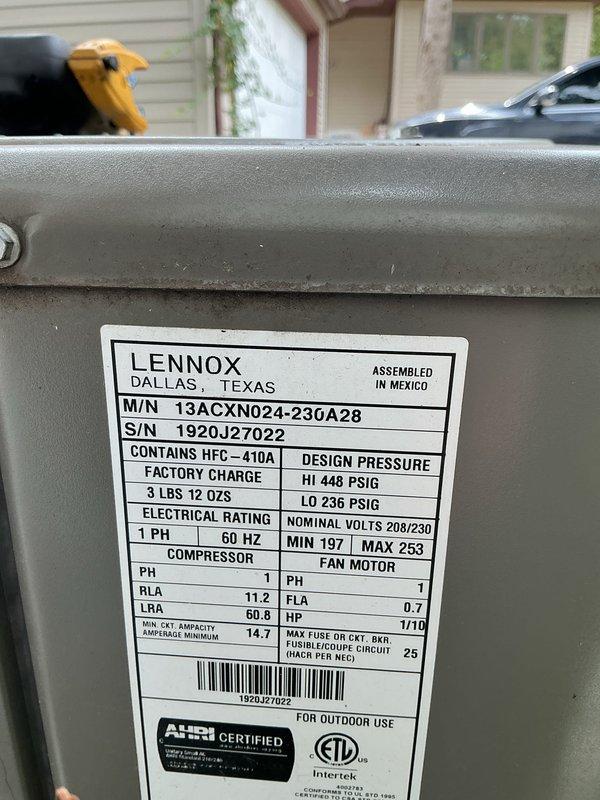 Completed preventive maintenance and tune-up on Lennox 13ACXN024-230A28 outdoor condensing unit containing R-410A refrigerant. Performed visual inspection, cleaned condenser coil, verified electrical connections and operational parameters, and documented unit specifications with customer contact requested prior to arrival as instructed.
