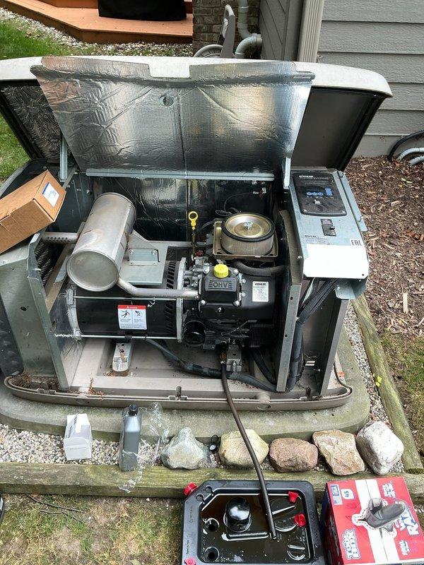 Completed routine preventive maintenance on a Kohler 14kW standby generator system. Performed comprehensive inspection of internal mechanical components, verified control panel operation and digital display functionality showing next scheduled maintenance due at 100 hours or July 2027, and conducted diagnostic testing to ensure proper system performance and readiness for automatic operation during power outages.
