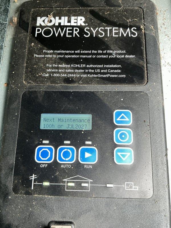 Completed routine preventive maintenance on a Kohler 14kW standby generator system. Performed comprehensive inspection of internal mechanical components, verified control panel operation and digital display functionality showing next scheduled maintenance due at 100 hours or July 2027, and conducted diagnostic testing to ensure proper system performance and readiness for automatic operation during power outages.