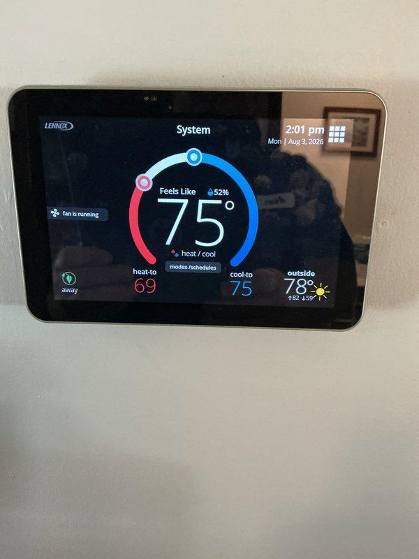 Completed annual maintenance on Lennox HVAC system. Inspected furnace/air handler unit in basement, verified thermostat operation and system controls, checked all mechanical components, ductwork connections, and PVC condensate drainage lines. System operating within normal parameters with fan running properly and temperature controls responding correctly.