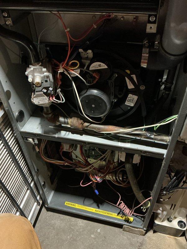 Completed scheduled maintenance on Goodman gas furnace model GM8S960803BNAA. Performed comprehensive inspection of internal components including gas valve assembly, burner chamber, pressure switches, and electrical connections. Replaced air filter and verified proper operation of all safety controls and system functionality.