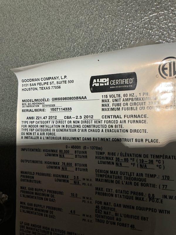 Completed scheduled maintenance on Goodman gas furnace model GM8S960803BNAA. Performed comprehensive inspection of internal components including gas valve assembly, burner chamber, pressure switches, and electrical connections. Replaced air filter and verified proper operation of all safety controls and system functionality.