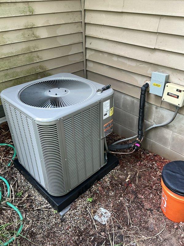 Completed annual cooling maintenance on Lennox ML13XC1-030-230A01 outdoor condensing unit. Inspected unit exterior, verified manufacturer labels and specifications, checked refrigerant line connections and insulation integrity, and cleaned condenser coils per manufacturer guidelines. Unit operating within normal parameters upon completion of preventive maintenance service.