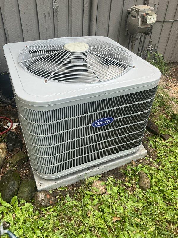 Completed comprehensive AC tune-up on 5-year-old Carrier central air conditioning system. Performed standard preventative maintenance procedures including filter inspection, refrigerant level check, electrical connection testing, condenser coil cleaning, and system performance verification. Unit operating within normal parameters with no deficiencies noted; customer advised system is in good working condition.