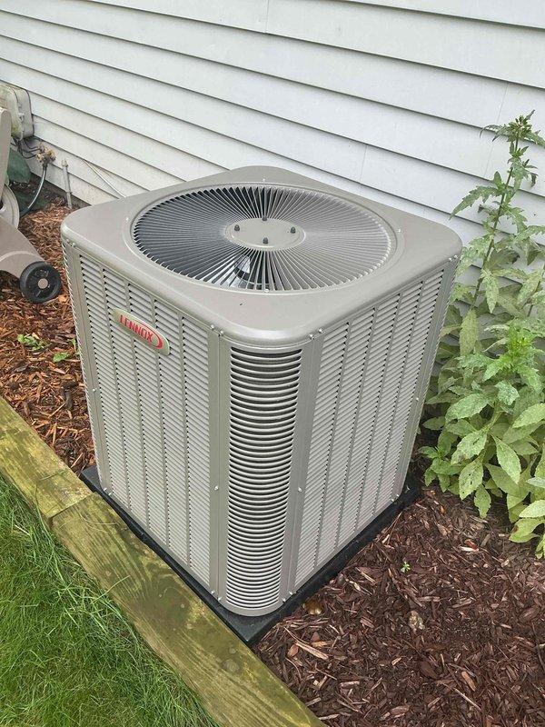Completed routine air conditioning maintenance on Lennox outdoor condenser unit. Inspected system components, verified proper airflow through louvers and fan assembly, and checked air filter condition. Unit operating within normal parameters with no issues identified during this scheduled preventive maintenance visit.
