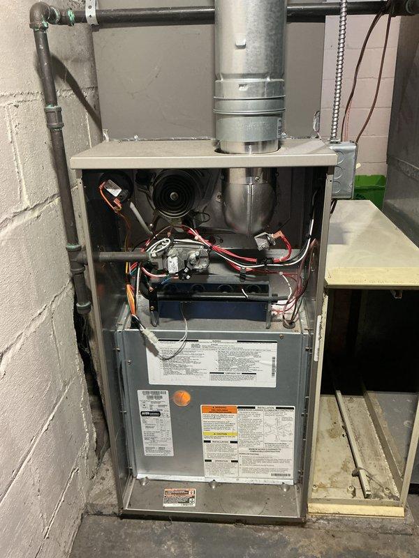 Completed routine maintenance service on 10-year-old residential forced air gas furnace system. Performed comprehensive inspection of all internal components including blower motor assembly, electrical connections, control boards, and wiring harnesses. Inspected and replaced air filter in Space-Gard air cleaner unit mounted adjacent to furnace. Verified proper operation of all electrical circuits, safety controls, and mechanical components. All systems tested and confirmed operating within manufacturer specifications. Unit left in good working condition.
