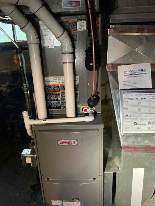 Responded to reported leak at recently installed Lennox furnace system. Upon inspection, verified unit operational with heating/cooling functions intact. Examined furnace cabinet, PVC condensate drainage system, and all visible connections for moisture or active leaking. Discovered heavily soiled 16x20x1 air filter with significant dust and debris accumulation restricting airflow. Replaced dirty filter with new unit to restore proper system airflow and prevent potential condensate backup issues. Inspected all PVC condensate lines, connections, and drain terminations - no active leaks detected at time of service. Monitored system operation through complete heating cycle to verify proper condensate drainage and confirm no moisture present. Advised ongoing filter maintenance schedule to prevent future airflow restrictions on recently installed equipment.