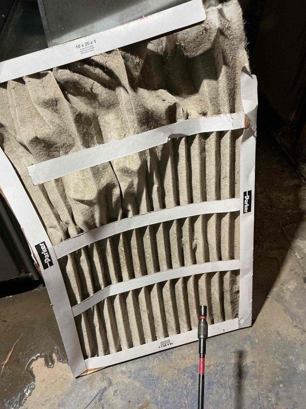 Responded to reported leak at recently installed Lennox furnace system. Upon inspection, verified unit operational with heating/cooling functions intact. Examined furnace cabinet, PVC condensate drainage system, and all visible connections for moisture or active leaking. Discovered heavily soiled 16x20x1 air filter with significant dust and debris accumulation restricting airflow. Replaced dirty filter with new unit to restore proper system airflow and prevent potential condensate backup issues. Inspected all PVC condensate lines, connections, and drain terminations - no active leaks detected at time of service. Monitored system operation through complete heating cycle to verify proper condensate drainage and confirm no moisture present. Advised ongoing filter maintenance schedule to prevent future airflow restrictions on recently installed equipment.