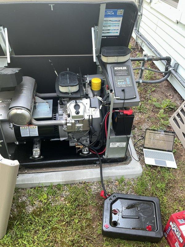 Performed routine electrical maintenance and diagnostic testing on a 20kW Kohler residential standby generator. Conducted comprehensive system evaluation using laptop-based diagnostic equipment to verify operational parameters, battery voltage, and control panel functionality. Inspected battery condition, cable connections, air filter assembly, and internal engine compartments to ensure proper system performance and reliability.
