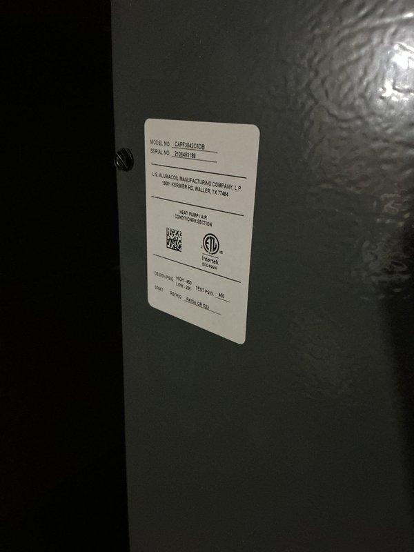 Performed scheduled maintenance on air handler unit model CAP7340G09 manufactured by U.S. Aluminum Manufacturing Company. Inspected internal components including blower motor assembly, copper refrigerant lines, electrical connections, and condensate drainage system; all components found operating within normal parameters and unit returned to service.