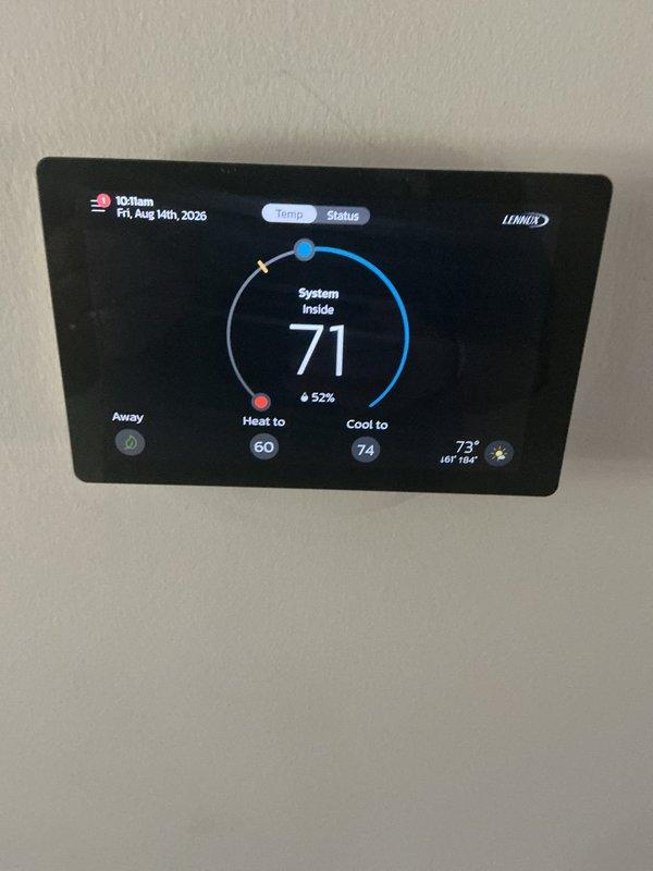 Completed scheduled Air Care Maintenance on residential HVAC system. Inspected evaporator coil assembly, confirmed clean condition with no debris accumulation or visible damage, and verified proper refrigerant line connections. Checked thermostat operation, confirmed accurate temperature readings and system functionality with proper cooling setpoint configuration.
