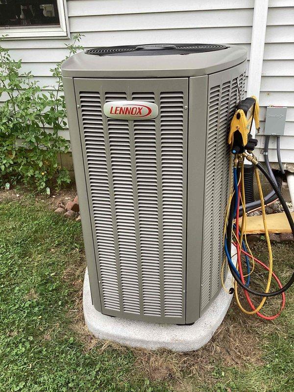 Completed full HVAC system installation including 90,000 BTU furnace, 3-ton Lennox air conditioning condenser unit with matching evaporator coil, and humidifier in rear yard location. System installed on concrete pad with proper refrigerant line connections, electrical hookup to existing meter, and reconnection of all necessary components. All equipment tested and operational upon completion.
