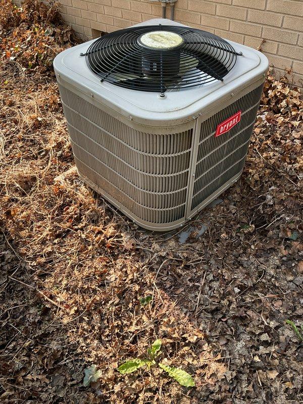Completed comprehensive annual tune-up on 12-year-old Bryant air conditioning system with 2022 condenser model. Performed full inspection of outdoor condensing unit, verified proper operation of compressor and fan motor, checked refrigerant levels and pressures, cleaned condenser coils, and tested electrical connections. System found to be operating within normal parameters with no deficiencies noted.