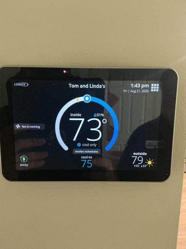 Completed annual HVAC maintenance including inspection of Lennox smart thermostat operation and system controls, verified proper cooling function with system running at 73°F setpoint, and replaced furnace filters. All equipment operating within normal parameters.