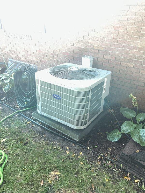 Completed comprehensive AC tune-up on 10-year-old Carrier system experiencing musty odor from supply vents despite proper cooling operation. Performed full preventive maintenance protocol including condenser coil cleaning to address visible algae growth on outdoor unit, evaporator coil inspection and cleaning, condensate drain line flush and treatment, air filter replacement, refrigerant charge verification, electrical connection inspection, and airflow assessment. Addressed humidity-related odor issue by treating drain system and verifying proper condensate removal. All components tested and confirmed operational within manufacturer specifications upon completion.