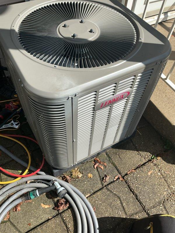 Completed comprehensive AC maintenance tune-up on a six-year-old Lennox condensing unit. Performed standard preventative maintenance procedures including refrigerant pressure check, electrical component inspection, condenser coil cleaning, and fan motor operation verification. System tested and operating within manufacturer specifications with no deficiencies noted.
